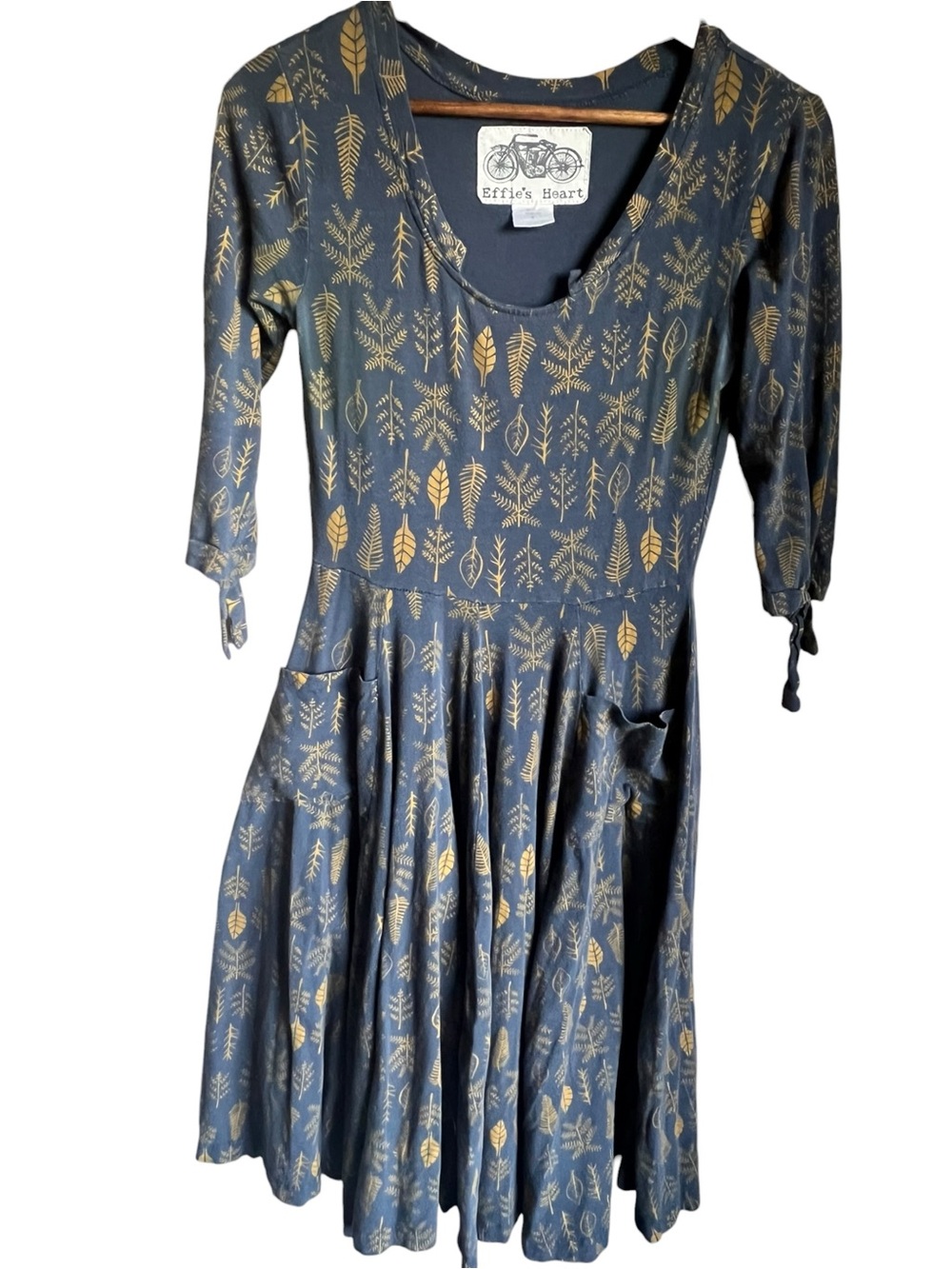 Effie's Heart Slate Blue 3/4 Sleeve Fit & Flare Small Midi Gold Botanical Retro